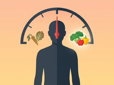 Human silhouette with a fuel gauge showing healthy food as energy