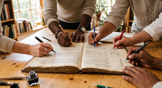 Multiple hands editing and reviewing an old open manuscript on a wooden table