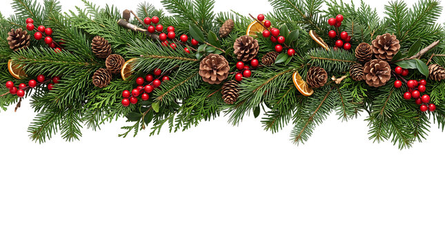 Christmas garland made of holly leaves with red berries and pine cones for winter holiday decoration and celebration