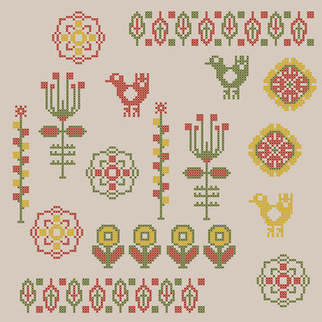 A collection of folk-style cross-stitch patterns,  floral rosettes, blooming botanical flowers, symmetrical bird motifs, and repeating decorative borders.A classic color palette of red, green, yellow 