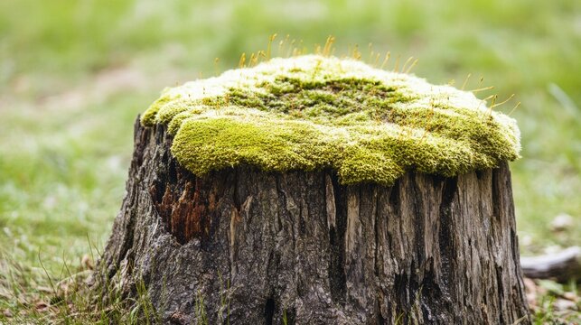 Old tree stump covered with vibrant green moss nature