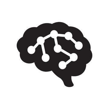 Black brain silhouette with neural network node connections vector icon representing artificial intelligence, deep learning, and smart cognitive processing.