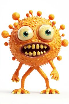 A cute, orange, 3 d cartoon virus monster with big eyes and a wide mouth