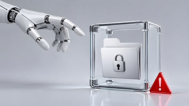 Robotic hand interacting with locked digital folder inside glass cube and red alert sign representing cyber threat prevention