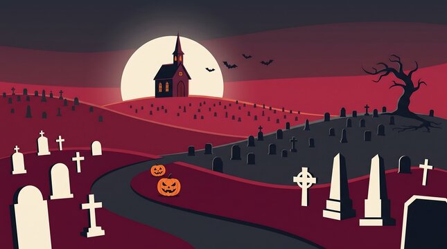 Spooky halloween graveyard landscape with full moon church and bats spooky night halloween background halloween party creepy tree old church halloween graveyard pumpkins tombstones landscape