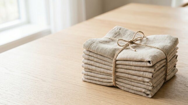 A stack of folded natural linen napkins tied neatly with twine sitting on a warm wooden dining table inside a bright minimalist home setting