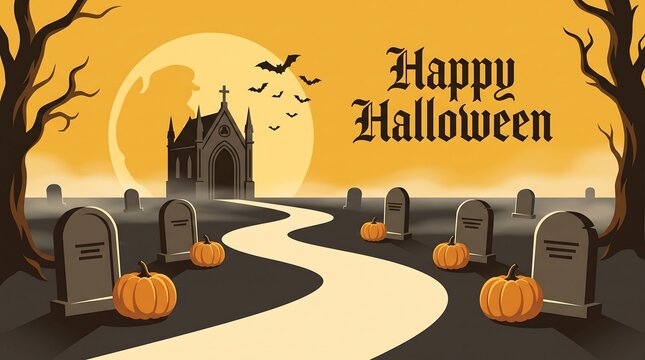 Happy halloween text banner with church tombstones and glowing pumpkins full moon spooky night halloween background graveyard background halloween party creepy tree old church halloween