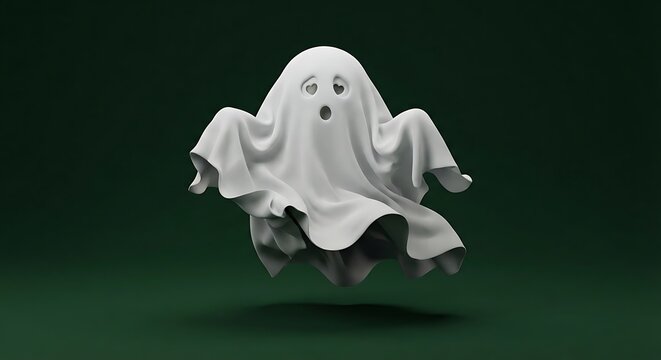 Cute white ghost floating alone against a dark green background with soft shadow