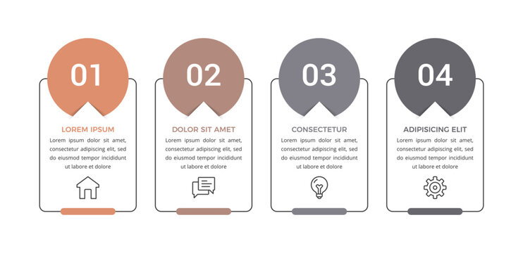 Horizontal process flow infographic template with four circular elements linked to thin-lined rectangular text placeholders
