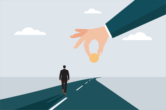 Giant hand placing sun on road for businessman walking forward. Vector illustration for bright future and guidance concept.