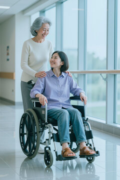 Asian senior woman assisting Asian young adult woman with disability in wheelchair, smiling in clinic corridor. Supporting caregiving, rehabilitation, healthcare marketing, full length