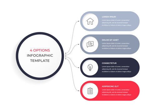Mind map infographic template featuring a central circular hub linked by thin curved lines to four rounded rectangular banners