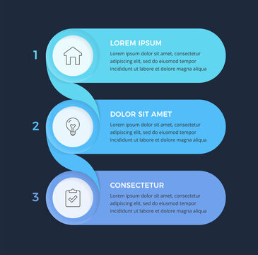 Infographic template featuring three numbered rounded rectangular banners connected by a twisting ribbon on a dark background
