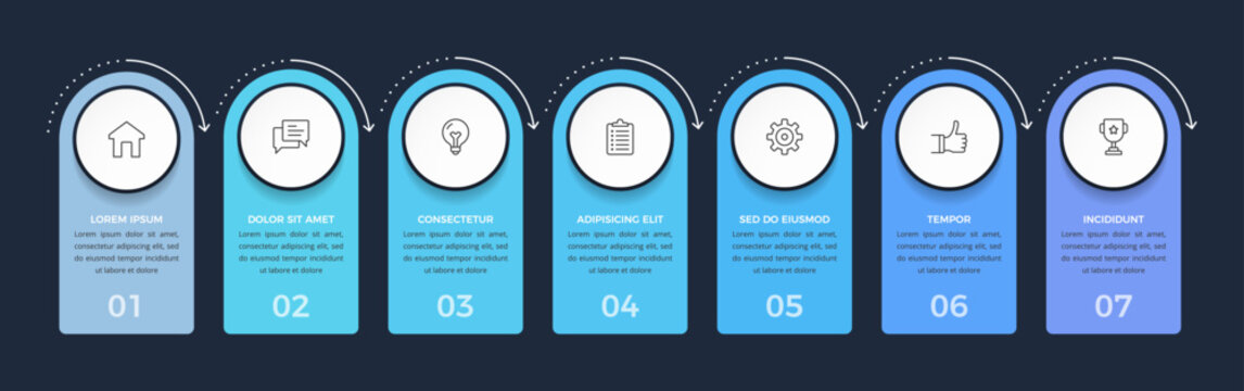 Horizontal process infographic template with seven vertical rectangular elements connected by curved directional arrows. Dark background