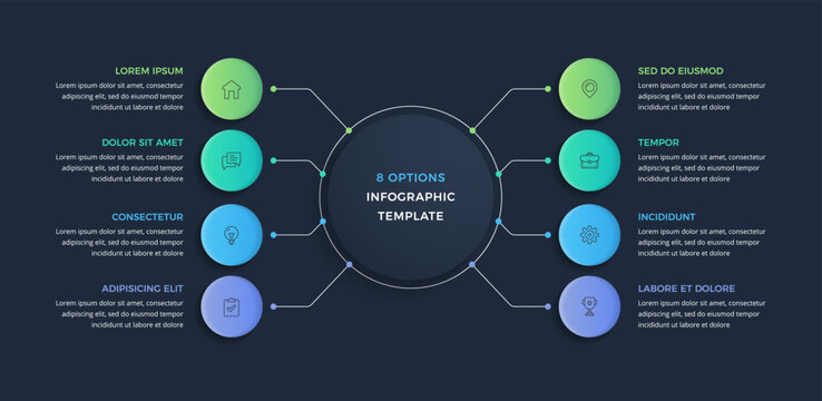 Eight options circular infographic template featuring a central hub connected to circle nodes. Dark background