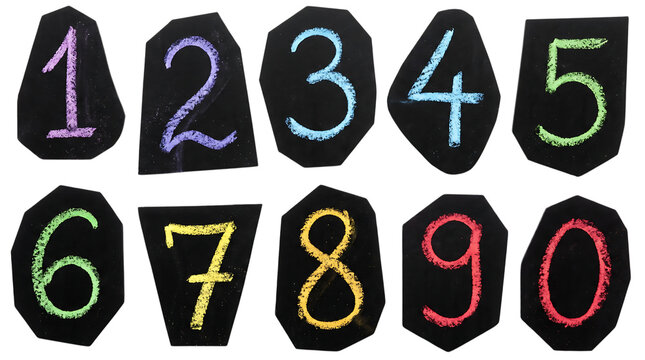 Colorful hand drawn numbers from zero to nine with chalk style texture on black shapes for counting and learning