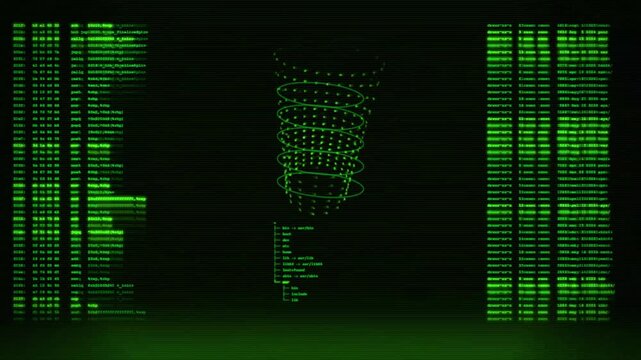 Hacker Terminal Screen with Unix Command Line Interface and Streaming Source Code Animation