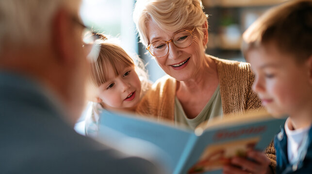 rear view of grandparents reading a storybook to their grandchildren in a bright setting, backs to camera, heartwarming family bonding concept, imagination, shared moments,
