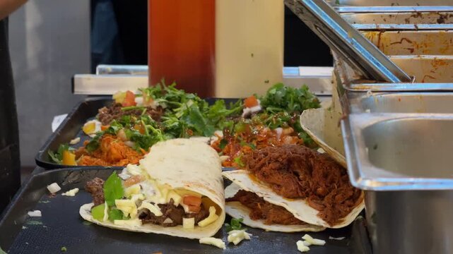 Close-up footage of a food vendor preparing multiple fresh tacos and wraps on a hot flat-top griddle. Tortillas are filled with meat, cheese, vegetables, herbs and sauces during busy street food prepa
