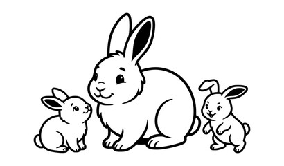 Fototapeta premium Adult Rabbit with Two Cute Baby Rabbits Black and White Cartoon Vector Illustration