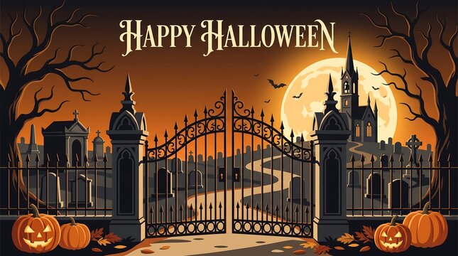 Happy halloween spooky gate entrance with graveyard church full moon and carved pumpkins haunted church iron fence orange background halloween night jack olantern dead tree graveyard scene