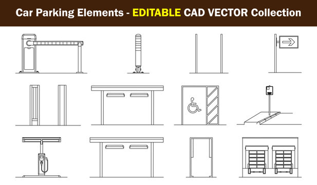 Car Parking CAD Vector Collection with Entry Barriers, Bollards, Accessible Bays, Charging Points, Ticket Gates and Parking Structures for Architectural Designs and Urban Planning