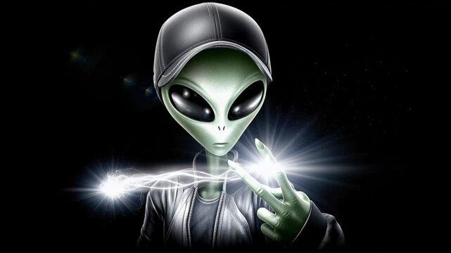 Alien character holding peace sign with bright lights in a dark background