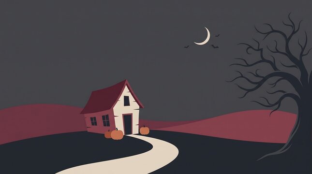 Spooky pixel art halloween landscape with haunted house path crescent moon and bare tree night landscape dark night digital illustration vector graphic holiday background autumn season darkness