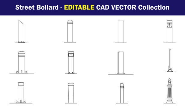 Street Bollard CAD Vector Collection with Modern, Decorative and Protective Posts for Pedestrian Zones, Roadside Safety, Urban Streetscape and Architectural Designs