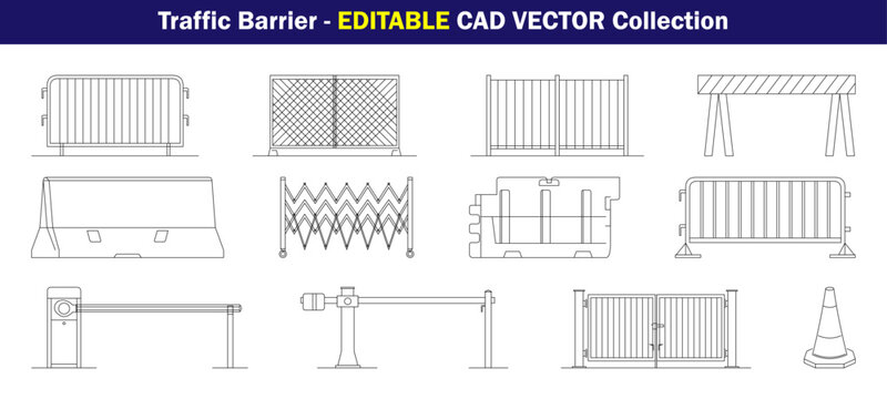Traffic Barrier CAD Vector Collection with Road Barricades, Crowd Control Fences, Boom Gates, Safety Cones and Access Barriers for Architectural Designs and Urban Planning