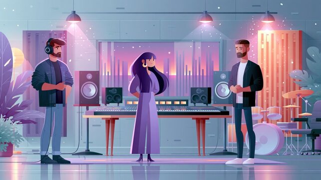 Musicians collaborating in a modern recording studio with ambient lighting during a creative session