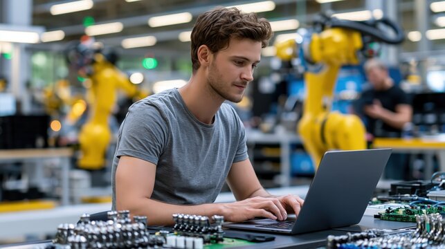 Young engineer working on laptop with robotic arms in modern factory setting during day