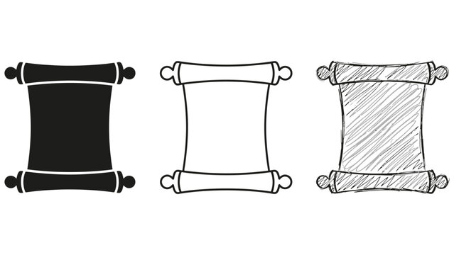 Set of three scroll paper featuring a solid black silhouette, a clean line outline, and a hand-drawn scribbled on white background
