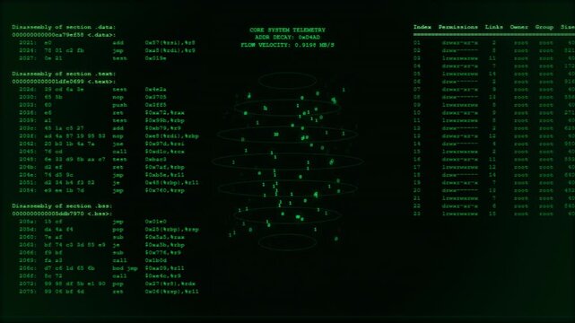 Hacker Terminal Screen with Unix Command Line Interface and Streaming Source Code Animation