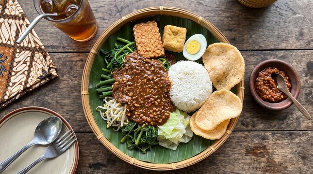 Top view of Nasi Pecel, a traditional Indonesian Javanese vegetable salad with peanut sauce, rice, tempeh, and tofu on a rustic wooden table.