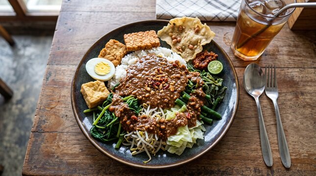 Flat lay of authentic Indonesian Nasi Pecel served with crackers, sambal, and iced tea on a wooden background