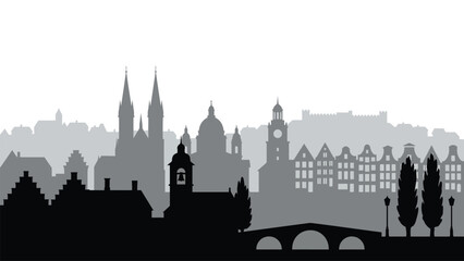 Fototapeta premium European historic city skyline silhouette with traditional architecture medieval churches and bridge over river for travel destination concepts