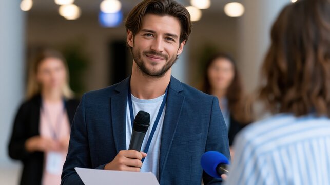 Journalist interviewing with microphone in a modern conference hallway during a business event