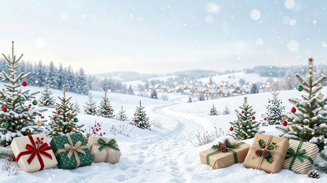 Christmas landscape with decorated trees and gift boxes in the snow