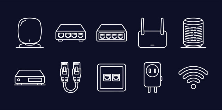 Smart home network equipment line icon set featuring wifi routers ethernet cables and digital connectivity devices