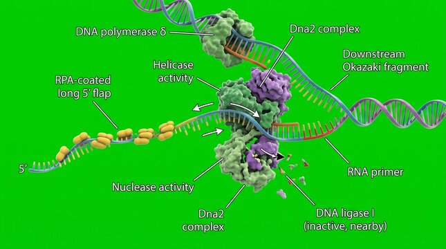 DNA replication process with helicase and polymerase enzymes on green background
