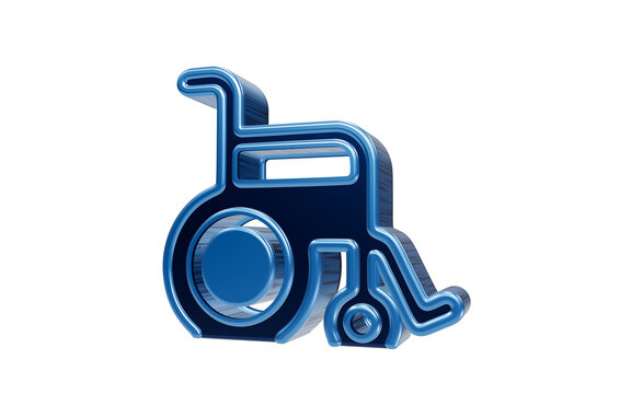 Abstract Wheelchair Symbol: A modern, stylized 3D render of a wheelchair icon in metallic blue, representing accessibility and mobility.