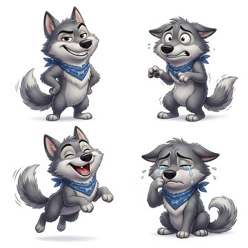 Cute cartoon wolf character sheet featuring four expressive emotions including happiness, scared, sadness, and sleepiness, isolated on a clean white background.