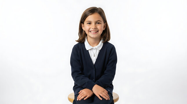  A young girl with shoulder-length brown hair gives a bright smile while facing forward against a white background. She wears a white collared shirt under a dark blue cardigan,