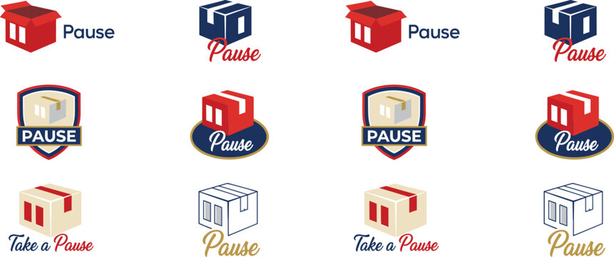 Set of delivery box icons with pause text, logistics and shipping symbols, creative packaging design elements for business branding and ecommerce