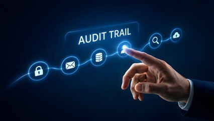Fototapeta premium Business hand interacting with digital audit trail interface for network security data tracking and corporate compliance monitoring
