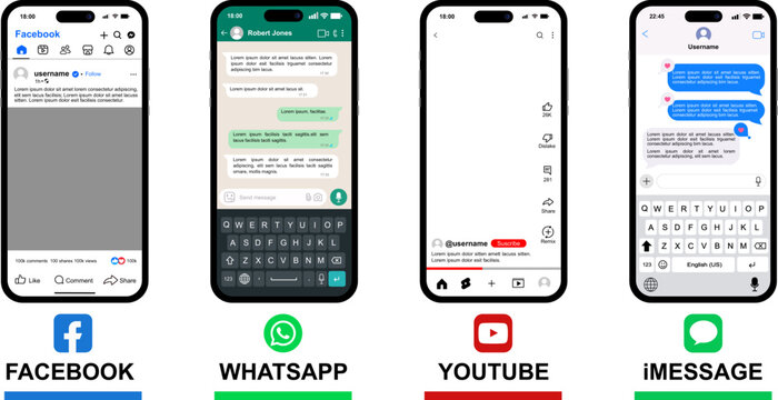 Set of smartphone app mockups on mobile display, iPhone interface displaying Facebook WhatsApp YouTube iMessage, modern digital messaging UI templates