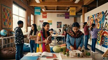 Obraz premium Estudiantes diversos colaboran en un aula creativa y multicultural celebrando el aprendizaje, el arte y el Mes de la Herencia Hispana.