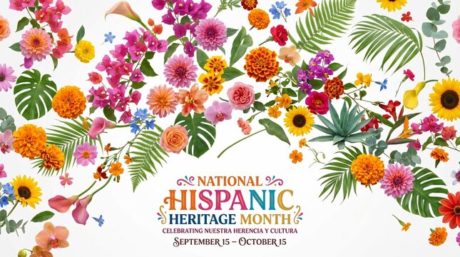 Marco floral colorido para el Mes de la Herencia Hispana con flores tropicales y cempas&uacute;chil sobre fondo blanco, celebrando la cultura y tradici&oacute;n latina.