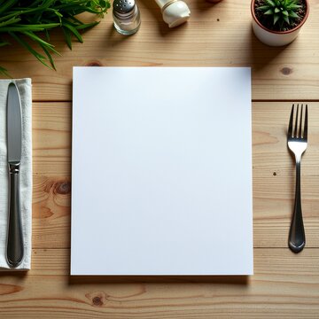 Blank white menu card on a wooden table with cutlery and plants.